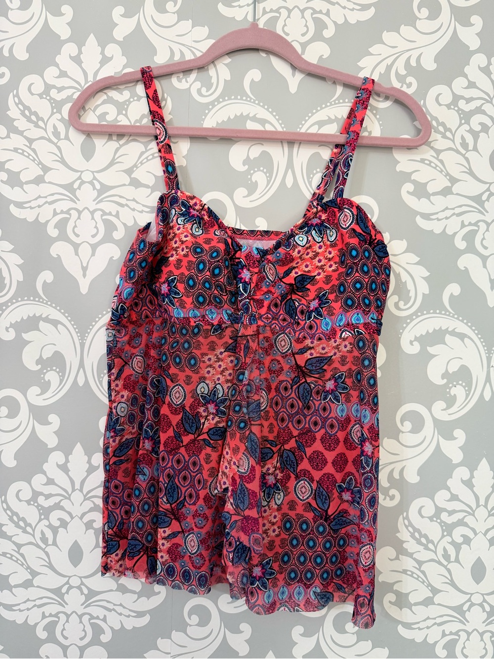 💫4/$25 • Krista Floral Pink Patterned Sheer Bottom Tankini Swim Top